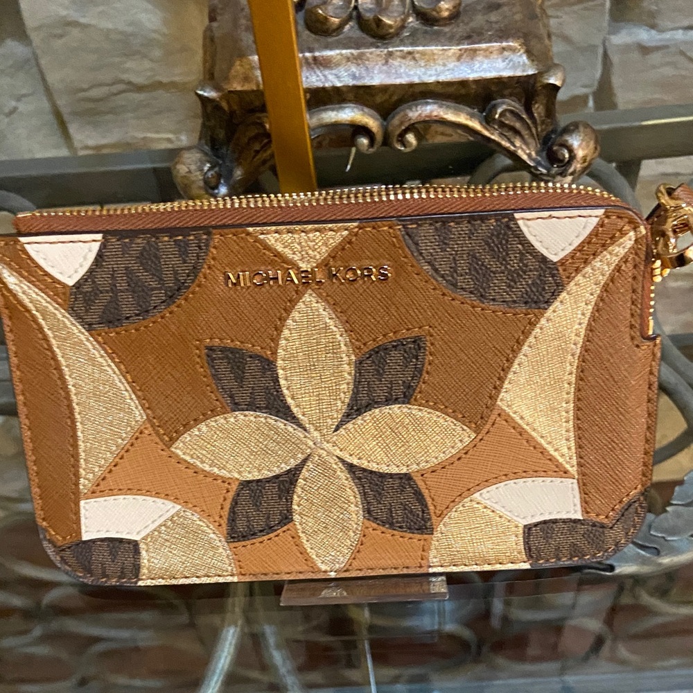 Michael Kors Tan and Gold Floral Wristlet